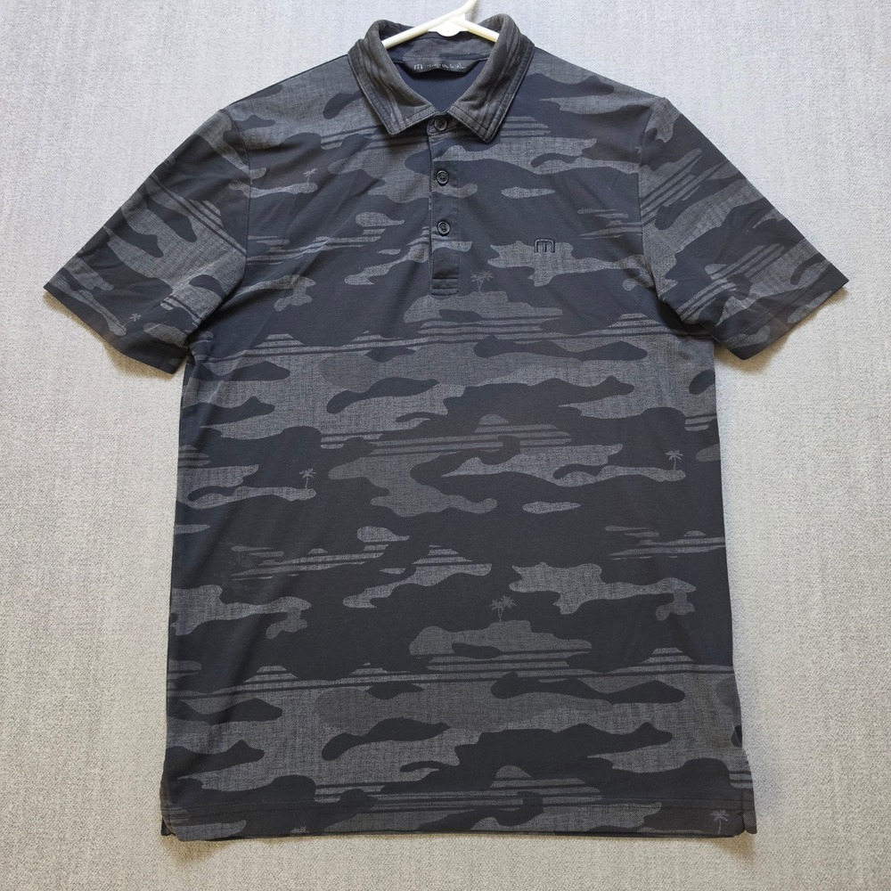 TravisMathew Polo Shirt Mens S Grey Camo Palm Tree Pima Cotton Blend